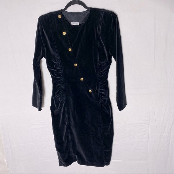 Vintage Dresses & Skirts - Vintage Encore Black Velvet Long Sleeve Bodycon Mini Dress With Shoulder Pads M
